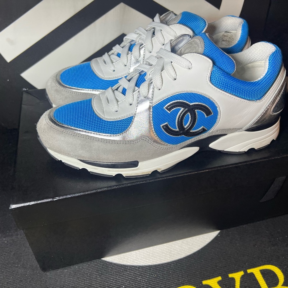 CHANEL Sneakers Blue and White Athletic Shoes with Silver Detail - Picture 2 of 10
